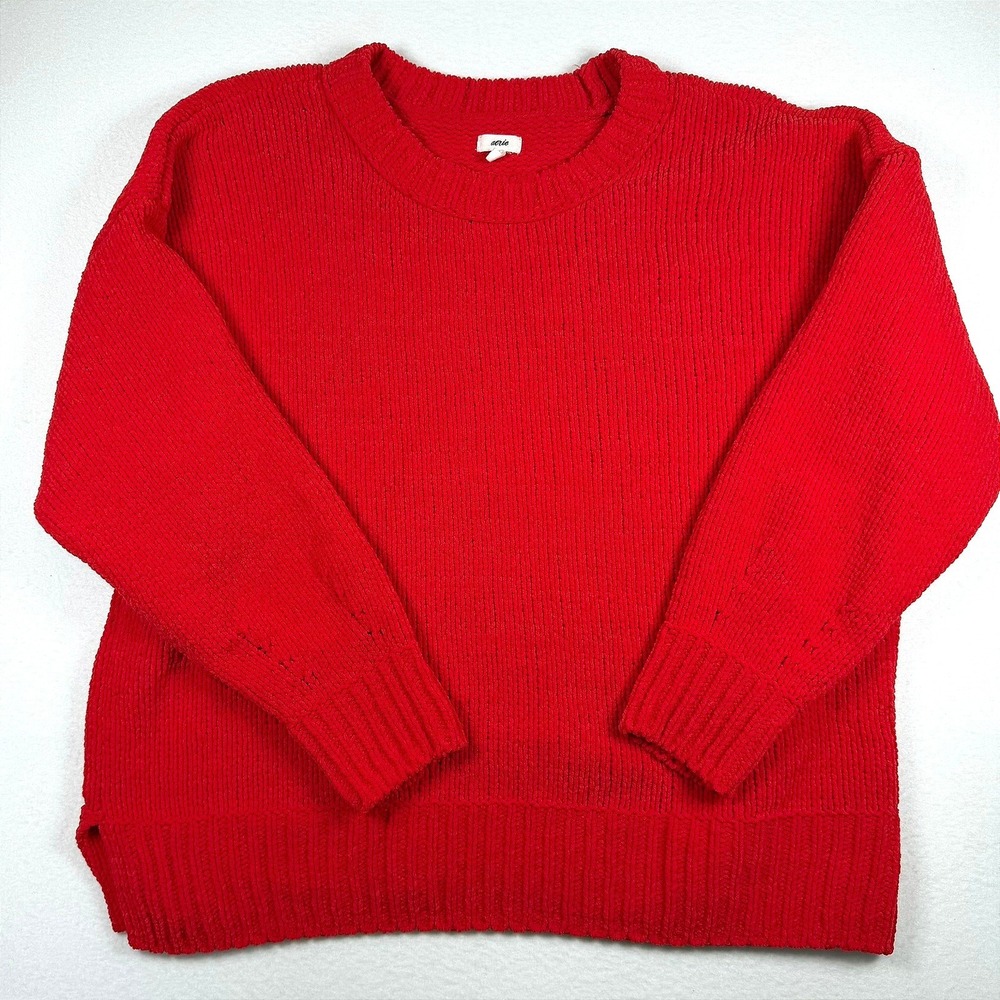 Aerie Red Chenille Crew Neck Oversized Knit Sweater Women Large L Side Slit Cozy